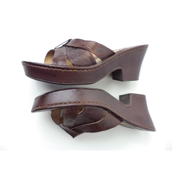 BORN 10M DARK BROWN LEATHER PLATFORM WEDGE HEEL SLIDE SANDAL SHOE - Picture 7 of 8